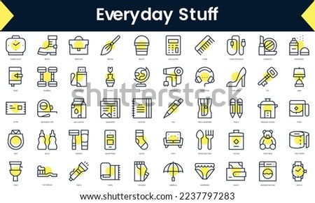 Set of thin line everyday stuff Icons. Line art icon with Yellow shadow. Vector illustration