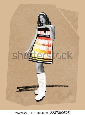 Contemporary art collage. Creative design with drawings. Sketches. Tender young girl wearing cute colorful dress and boots. Concept of design, fashion show, vintage style, beauty. Poster, ad