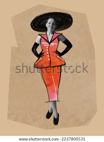 Contemporary art collage. Creative design with drawings. Sketches. Elegant woman in stylish red costume and flat hat. Femininity. Concept of design, fashion show, vintage style, beauty. Poster, ad