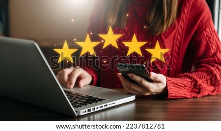 Customer or client the stars to complete five stars. with copy space. giving a five star rating. Service rating, satisfaction concept. in office
