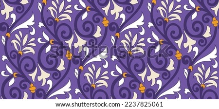 Abstract Oriental Baroque Florals Branches Vintage Motif Leaves Seamless Elegant Pattern Trendy Fashion Colors Damask Style Concept Ornamental Swirls Grape Purple Tones
