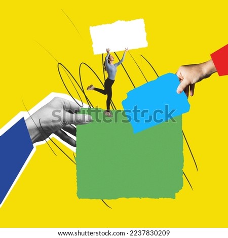 Contemporary art collage. Young woman, employee holding blank space over yellow background. Business communication. Concept of business, news, influence, occupation. Copy space for ad