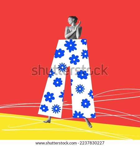 Contemporary art collage. Tender young girl in cute giant pants over red yellow background. High fashion. Concept of retro style, creativity, surrealism, imagination. Creative design. Magazine style