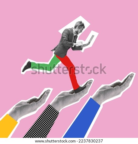 Contemporary art collage. Motivated man, employee working on laptop and running on human hands. Professional growth. Concept of business, occupation, surrealism, ambitions. Conceptual design
