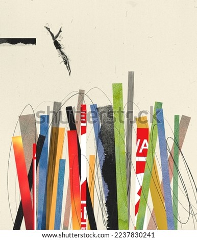 Contemporary art collage. Man jumping into many cut paper symbolizing diving into news. Profession of journalism, media influencer. Concept of surrealism, occupation. Creative design. Magazine style