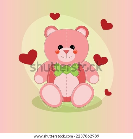 cute pink teddy bear with green tie on green and pink gradient background