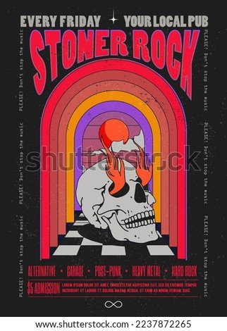 Vintage psychedelic rock music party or concert or music album cover design template with skull in arch doorway and typography composition on black background. Vector illustration