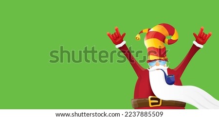 vector modern rock n roll santa claus with smoking pipe, santa beard and funky hat isolated on green christmas horizontal banner background with snowflakes. Horizontal Christmas hipster party poster