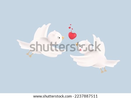 Vector illustration of  couple birds with hearts in 3d style. Concept for Valentine's Day.