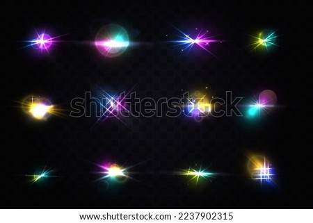 Sparkling stars, flickering and flashing lights. Lens flares creative multicolor template. Lighting effects of flash. Realistic light glare, highlight