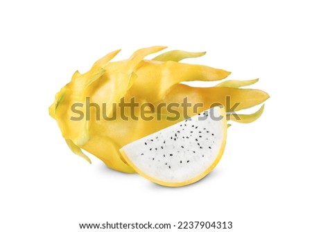 Fresh yellow dragon fruit (buah naga kuning), pitaya, or pitahaya with sliced isolated on white background. Clipping path.
