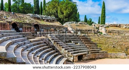 The Amphitheatre of Mérida, Anfiteatro de Mérida, is a ruined Roman amphitheatre situated in the Roman colony of Emerita Augusta, current Mérida, Badajoz, Extremadura, Spain, Europe Royalty-Free Stock Photo #2237908043