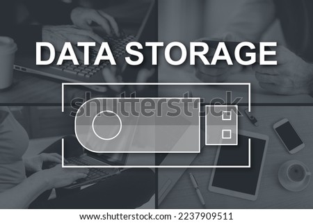 Data storage concept illustrated by pictures on background
