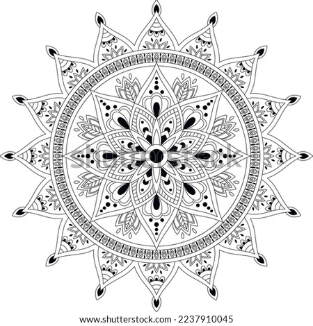 Colorless hand drawn mandala with floral elements. Coloring book page.