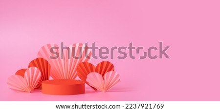 Banner with podium stage or pedestal and paper hearts. Decorations to Valentines day for your products.