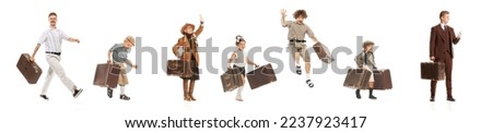 Collage. Different people of different age, man, woman and kids with suitcases isolated over white background. Concept of travel. retro style, emotions, vacation, hobby, lifestyle