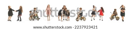 Collage. Playful little boys and girls, kids, children in stylish retro clothes playing isolated over white background. Concept of childhood, lifestyle, fun, education, game Royalty-Free Stock Photo #2237923421