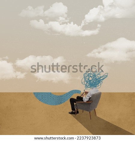 Put thoughts in order. Young man sitting and knitting. Psychotherapy and person psychology concept. Social issues solution. Contemporary art collage. Minimalism and surrealism Royalty-Free Stock Photo #2237923873