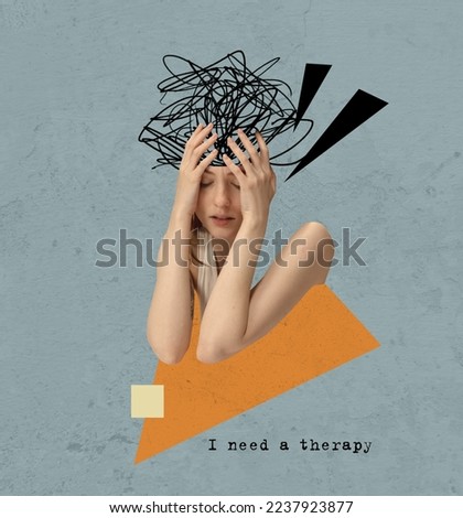 Modern lifestyle and mental health. Chaos in woman's head. Psychotherapy and person psychology concept. Social issues solution. Contemporary art collage. Minimalism and surrealism Royalty-Free Stock Photo #2237923877