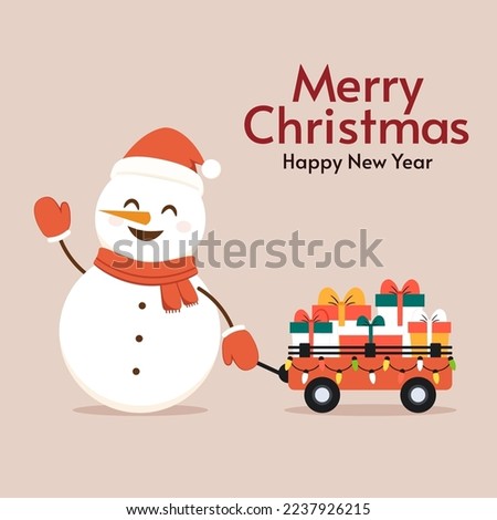 Snowman cartoon vector. Christmas shoping cart with gifts box. Vector illustration.