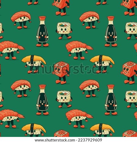 Groovy Sushi and rolls seamless pattern in retro style. Doodle vector illustration print for wrapping paper, textile, fabric, wallpaper