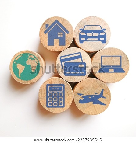Ecommerce design with icons on wooden blocks over white background.