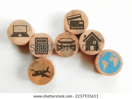 Ecommerce design with icons on wooden blocks over white background.