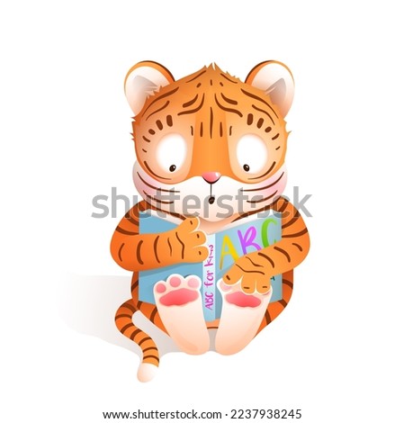 Cute little baby tiger reading a book or studying, funny educational illustration for children. Kids tiger cub lesson at school, cartoon in watercolor style.