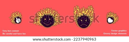 Groovy hippie stickers in flames. Y2k templates for social media. Cartoon design elements in 2000s retro style. Vector graphics