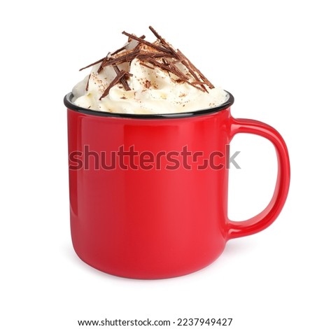 Glass cup of delicious hot chocolate with whipped cream on white background