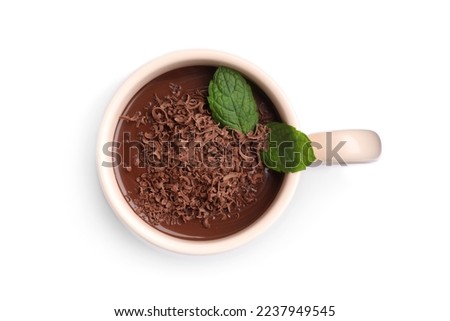 Cup of delicious hot chocolate with mint on white background, top view