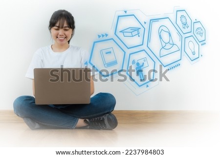 E-learning Concept, Girl using Laptop, Education online courses, Learning workshop learn to think internet technology