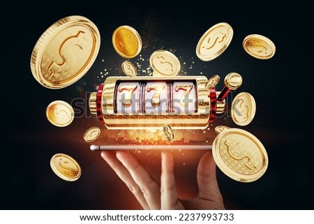 Slots online, playing 777 on a smartphone, gambling, betting, casino, jackpot coins mixed media Royalty-Free Stock Photo #2237993733