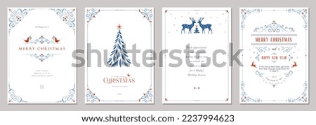 Winter Holiday cards. Christmas templates. Universal ornate swirl decorative frames with copy space, Christmas Tree, reindeers, birds and greetings. Vector background.