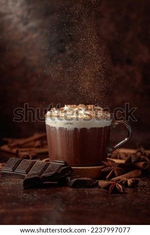 Hot chocolate with whipped cream sprinkled with cocoa powder.