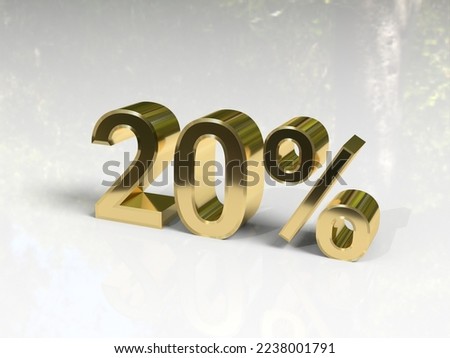 20% off on sale. Gold percent isolated on white background. 3d rendering Royalty-Free Stock Photo #2238001791