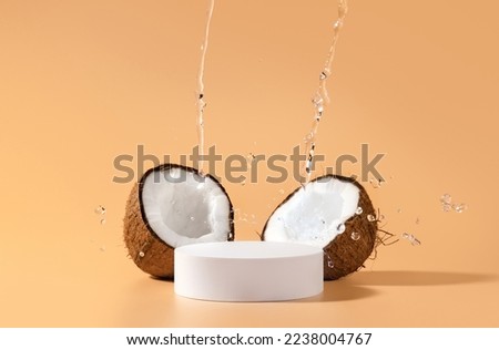 Coconuts product design. Beauty skincare scene for cosmetic product presentation made with mockup round scene, coconuts and tropical water splash.