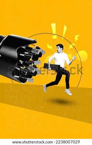 Collage artwork graphics picture of angry guy running away from journalists reporters isolated painting background