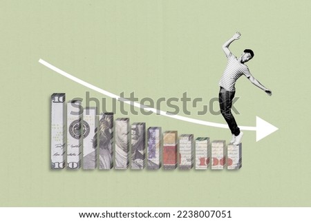 Creative photo 3d collage artwork poster of young man trader watching bitcoin rate falling down isolated on painting background