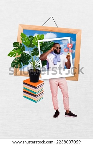 Creative photo 3d collage artwork of influencer chatting instagram facebook twitter followers review likes isolated on painting background