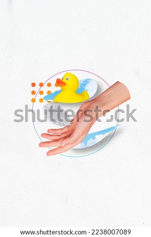 Creative photo 3d collage artwork poster postcard of rubber toy duck clouds sky human hand isolated on painting background