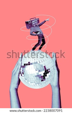 Artwork magazine picture of funny funky guy boom box instead of head dancing having fun huge big ball isolated drawing background Royalty-Free Stock Photo #2238007091