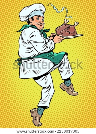 cook with roast turkey, poultry cooking and roasting, professional worker in restaurant. pop art retro vector illustration kitsch vintage 50s 60s style