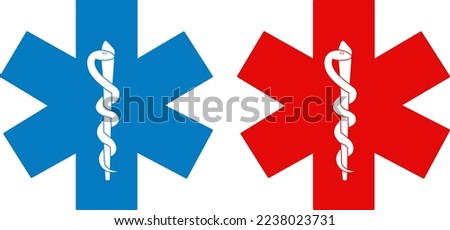 Medical symbol set red and blue Star of Life with Rod of Asclepius logo icon isolated on white background. First aid. Emergency symbol. Vector illustration.