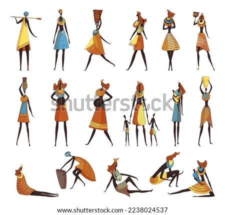 African People in Traditional Tribal Clothing with Necklace and Clay Vase Vector Set