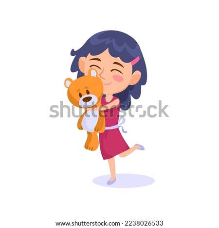 Adorable little girl hugging her teddy bear isolated on white background. Happy kid playing with her Birthday present. Smiling child cuddling a favorite toy. Cartoon style vector illustration. Royalty-Free Stock Photo #2238026533