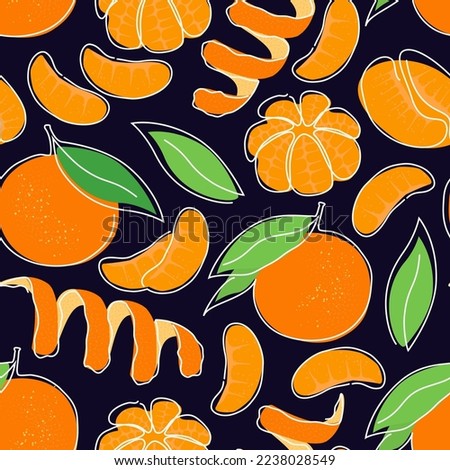 Tangerine, mandarin, orange seamless pattern. Continuous single line citrus fruit motif. One line hand drawn botanic print. Modern minimal doodle linear background. Vector sketch design wallpaper