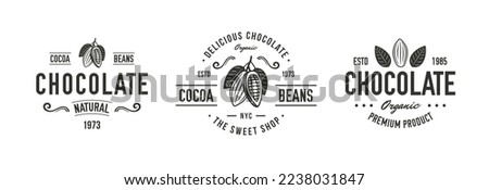 Chocolate logo set. 3 chocolate emblems with cocoa beans icons. Cocoa Beans, Cacao emblems templates. Vector illustration Royalty-Free Stock Photo #2238031847