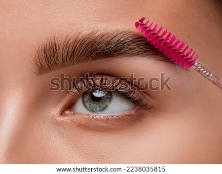 The make-up artist does Long-lasting styling of the eyebrows of the eyebrows and will color the eyebrows. Eyebrow lamination. Professional make-up and face care. Royalty-Free Stock Photo #2238035815