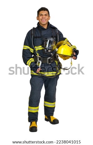 Full body young smiling African American fireman in fireproof uniform holds yellow helmet in hands and looking at camera, isolated on white background